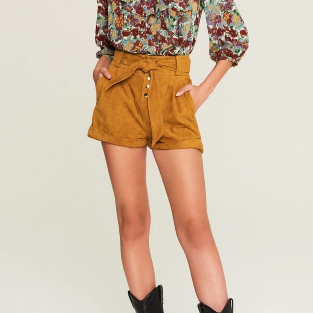 NWT Ba&Sh Liam 100% Goat Leather Cognac Camel Belted Snap Front Shorts Large